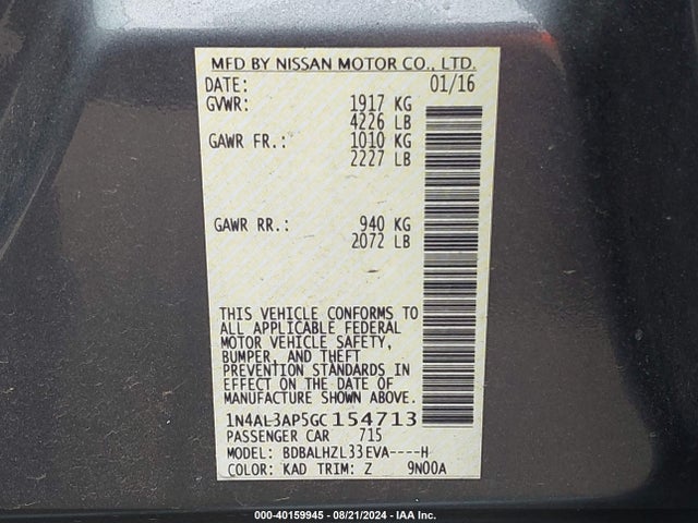 Nissan Altima 2.5 Sr 2016 1N4AL3AP5GC154713 Image 9