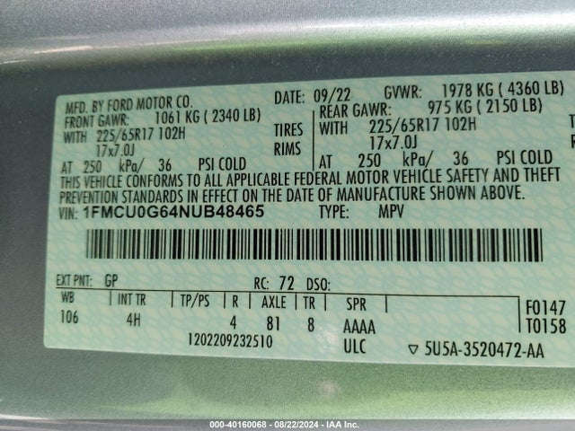 Ford ESCAPE SE 2022 1FMCU0G64NUB48465 Image 9