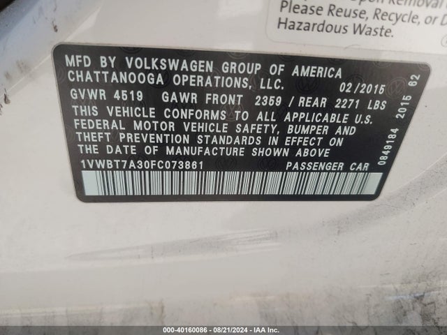 1VWBT7A30FC073861 Volkswagen Passat 1.8t Se