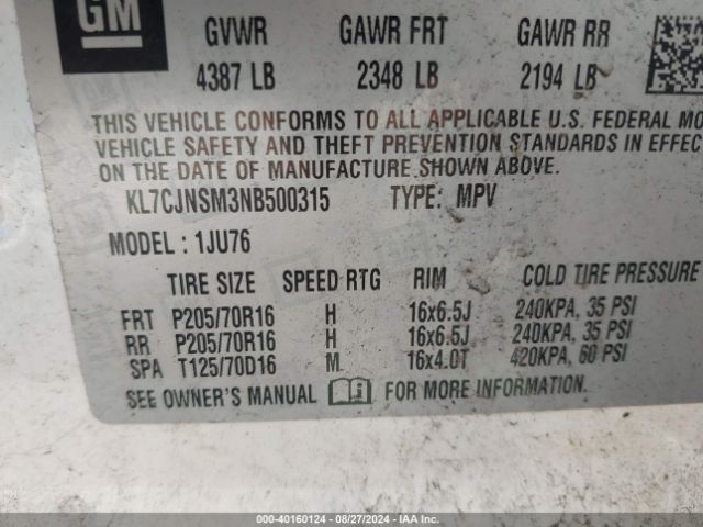KL7CJNSM3NB500315 Chevrolet Trax Awd Ls