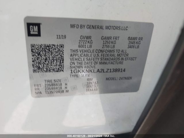 1GKKNKLA2LZ138914 GMC Acadia Fwd Sle