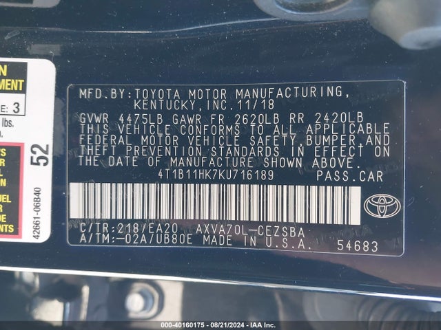 Toyota CAMRY SE 2019 4T1B11HK7KU716189 Image 9
