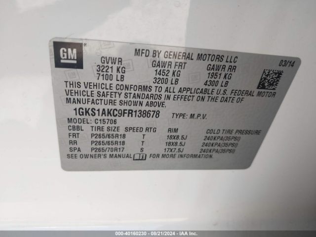 1GKS1AKC9FR138678 GMC YUKON SLE