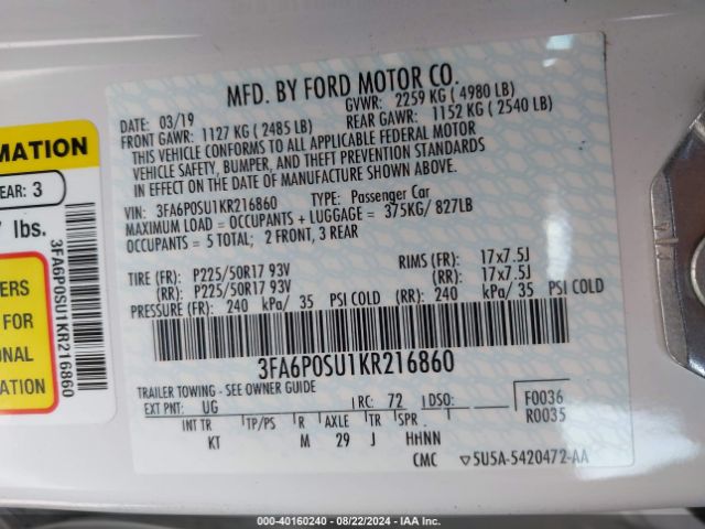 3FA6P0SU1KR216860 Ford Fusion Energi Titanium