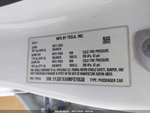 5YJ3E1EA9MF076538 Tesla Model 3 Standard Range Plus Rear-wheel Drive
