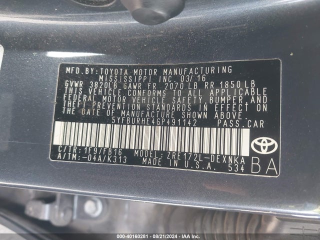 Toyota COROLLA LE 2016 5YFBURHE4GP491142 Image 9