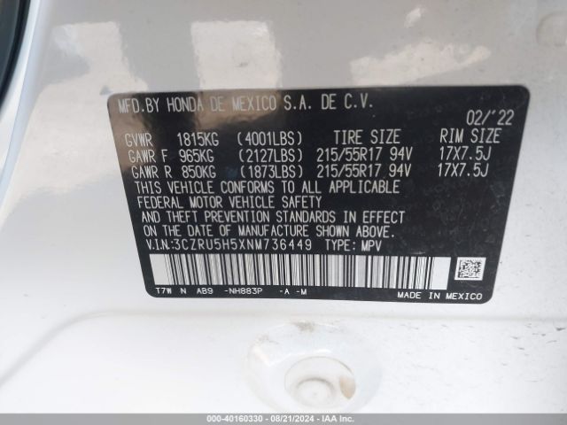 3CZRU5H5XNM736449 Honda Hr-v 2wd Ex