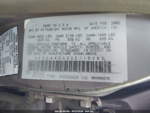 2002 MITSUBISHI GALANT 4A3AA46G92E118208 Photo 8