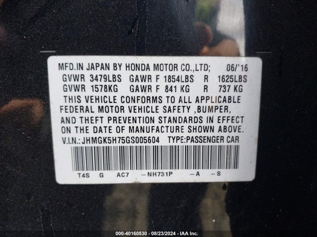 Honda FIT EX 2016 JHMGK5H75GS005604 Image 9