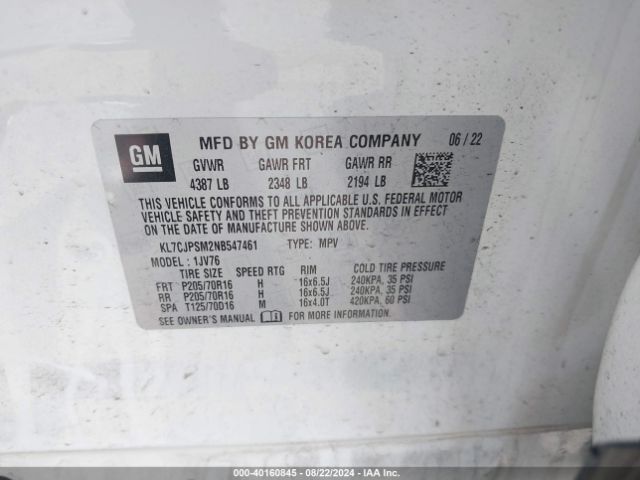 KL7CJPSM2NB547461 Chevrolet Trax Awd Lt