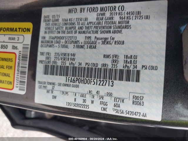 Ford FUSION SE 2015 1FA6P0HD0F5122713 Image 9