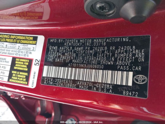 4T1B11HK9JU606050 Toyota CAMRY SE