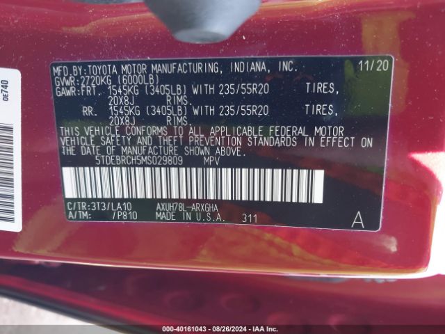 5TDEBRCH5MS029809 Toyota Highlander Hybrid Platinum