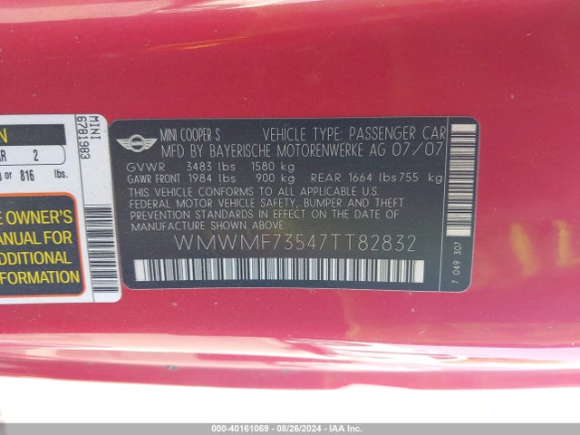 2007 MINI COOPER S WMWMF73547TT82832 Photo 8