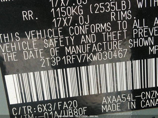 2T3P1RFV7KW030467 Toyota Rav4 Xle