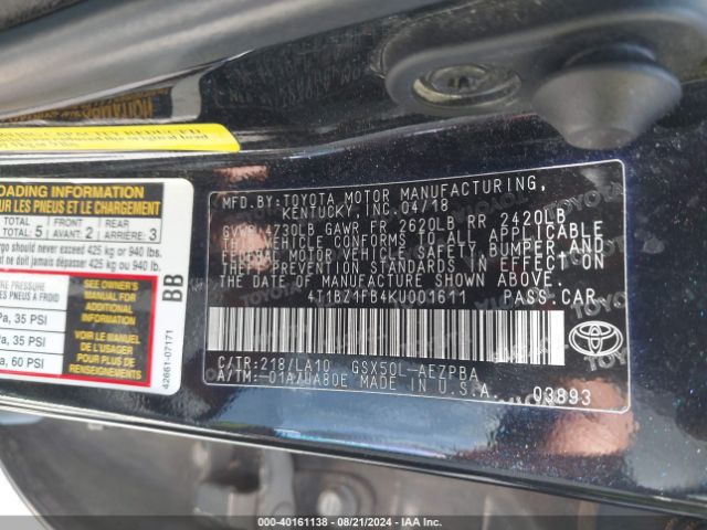 4T1BZ1FB4KU001611 Toyota AVALON LIMITED