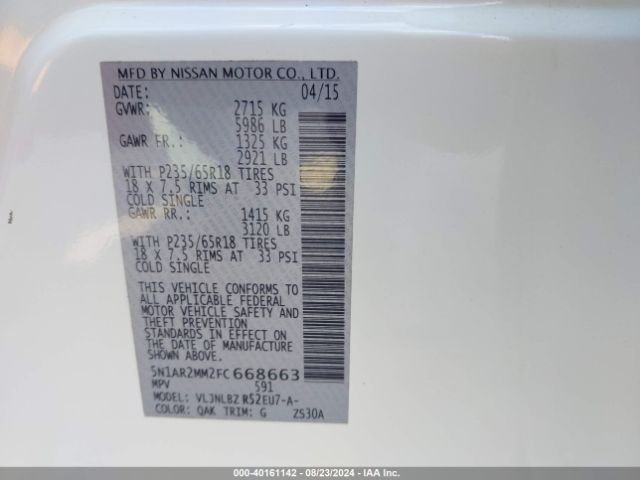 5N1AR2MM2FC668663 Nissan Pathfinder Platinum/s/sl/sv