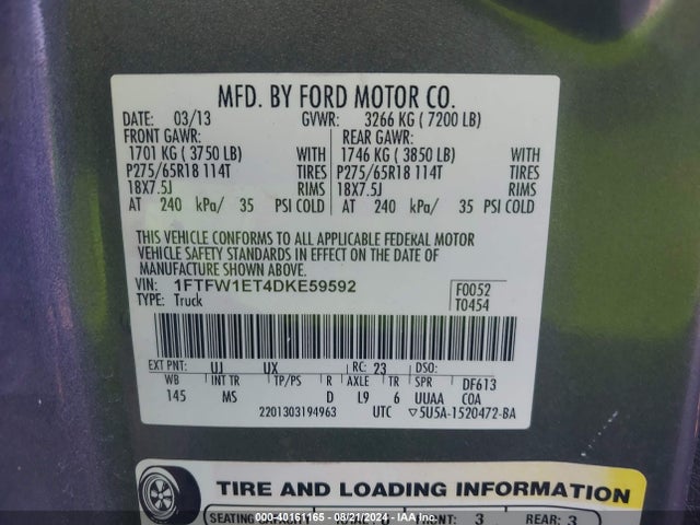 Продажа на аукционе авто 2013 Ford F-150 Xlt, vin: 1FTFW1ET4DKE59592, номер лота: 40161165