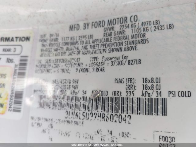 3LN6L5D92HR602042 Lincoln MKZ SELECT