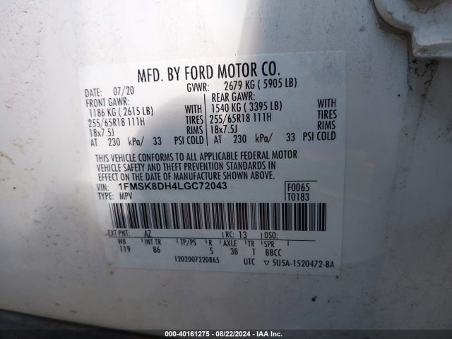 Ford EXPLORER XLT 2020 1FMSK8DH4LGC72043 Image 9