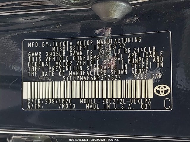 Toyota COROLLA LE 2022 5YFEPMAE5NP317627 Image 9