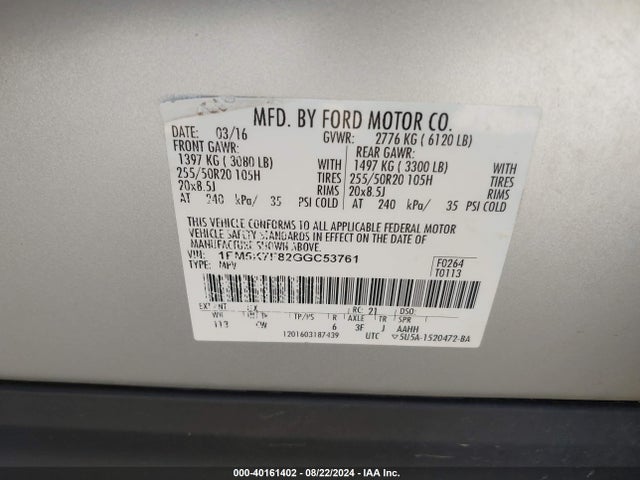 Ford Explorer Limited 2016 1FM5K7F82GGC53761 Image 9