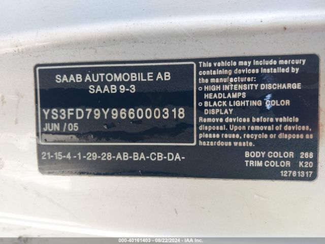 2006 SAAB 9-3 YS3FD79Y966000318 Photo 8