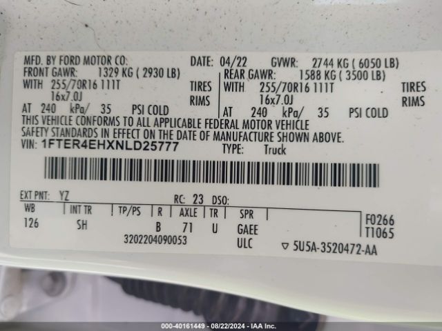 1FTER4EHXNLD25777 Ford RANGER XL