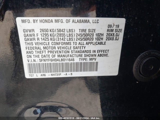 Honda Pilot Awd Elite 2020 5FNYF6H04LB011646 Image 9