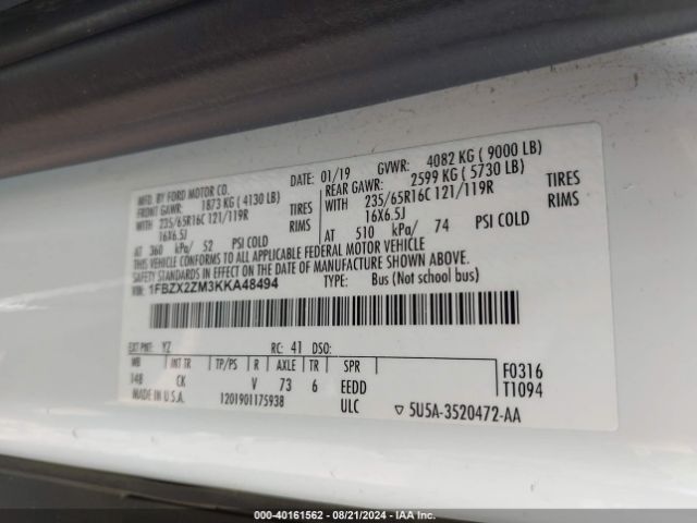 1FBZX2ZM3KKA48494 Ford Transit-350 Xlt