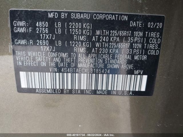 4S4BTAECXL3185424 Subaru Outback Premium