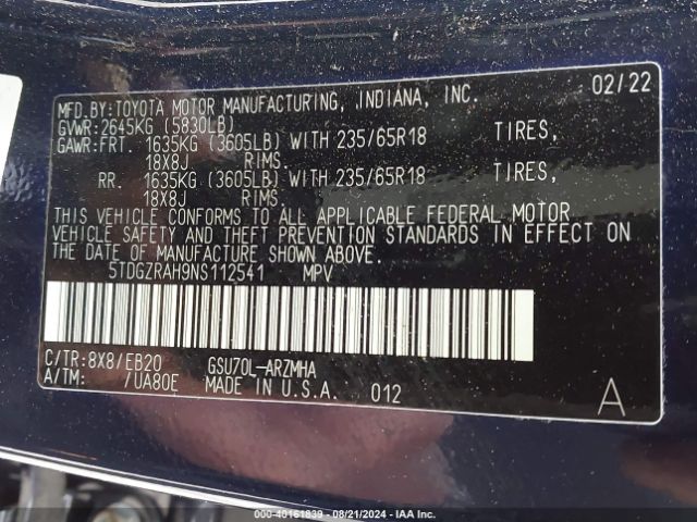 5TDGZRAH9NS112541 Toyota Highlander Xle