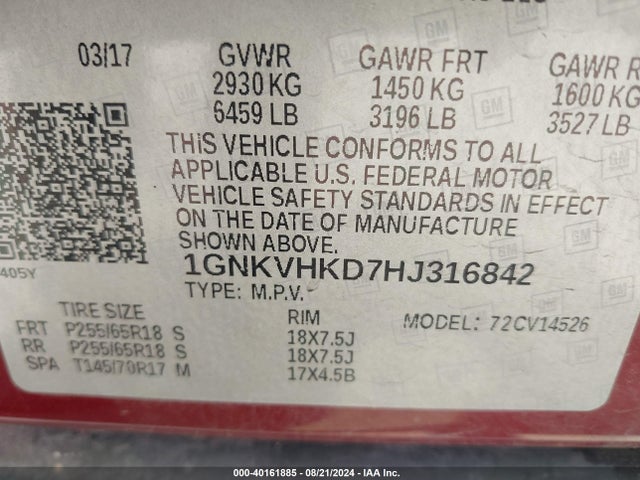 Chevrolet Traverse 2lt 2017 1GNKVHKD7HJ316842 Image 9