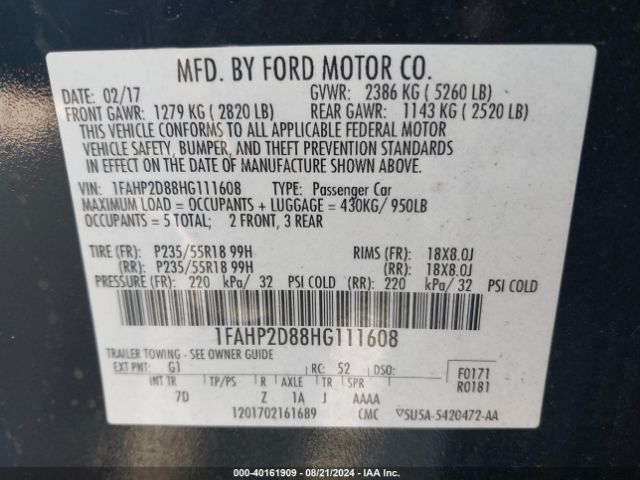 1FAHP2D88HG111608 Ford TAURUS SE