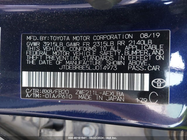 Toyota Corolla Hybrid Le 2020 JTDEBRBE5LJ014973 Image 9