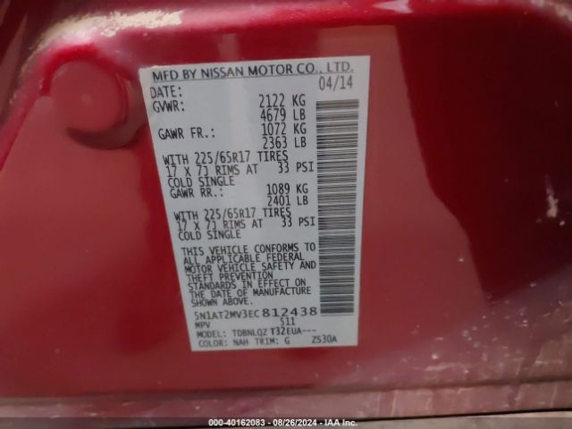 5N1AT2MV3EC812438 Nissan ROGUE SV