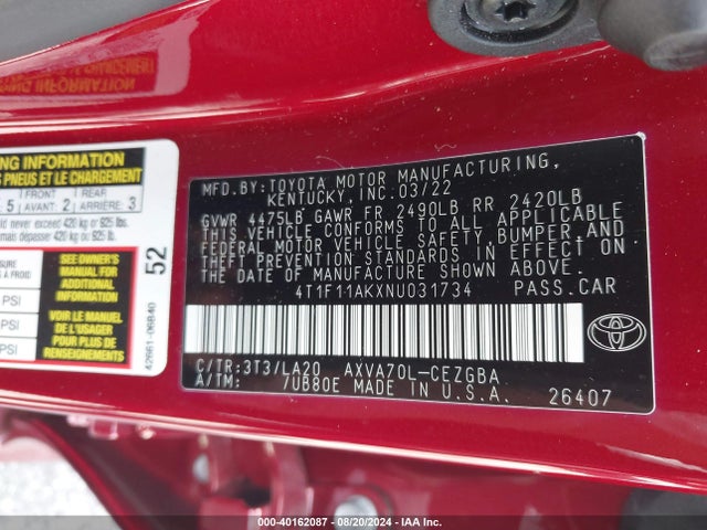 Toyota CAMRY XLE 2022 4T1F11AKXNU031734 Image 9