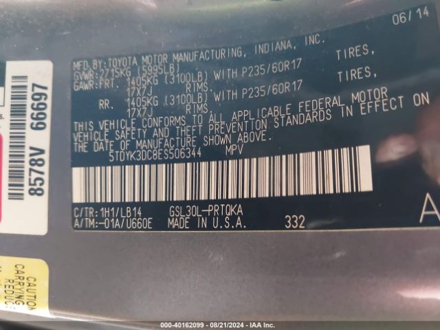 5TDYK3DC8ES506344 Toyota Sienna Xle V6 8 Passenger