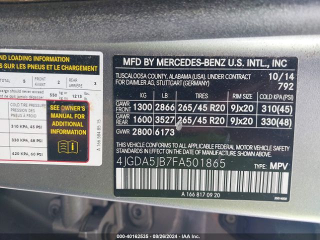 4JGDA5JB7FA501865 Mercedes-Benz ML 350