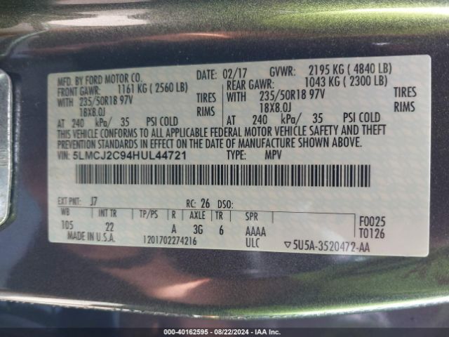 5LMCJ2C94HUL44721 Lincoln MKC SELECT