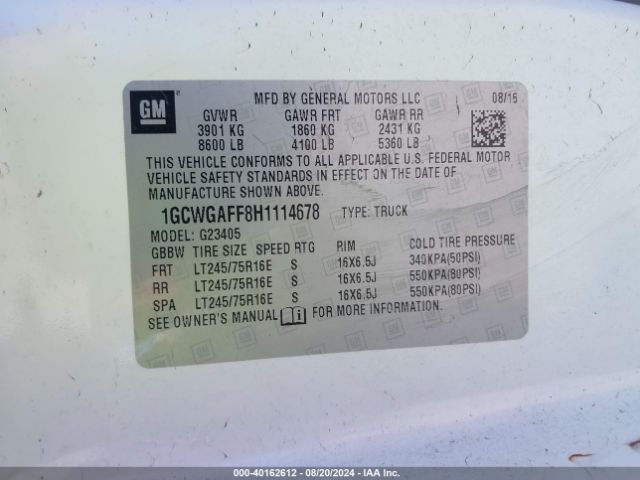 1GCWGAFF8H1114678 Chevrolet Express 2500 Work Van