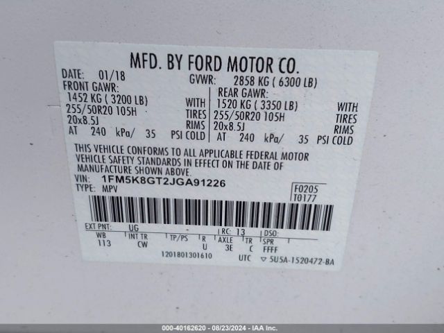 1FM5K8GT2JGA91226 Ford EXPLORER SPORT