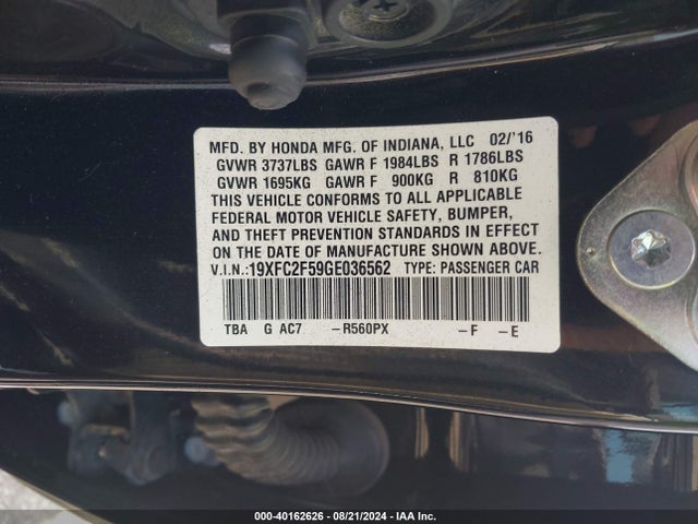 Honda Civic Lx 2016 19XFC2F59GE036562 Image 9