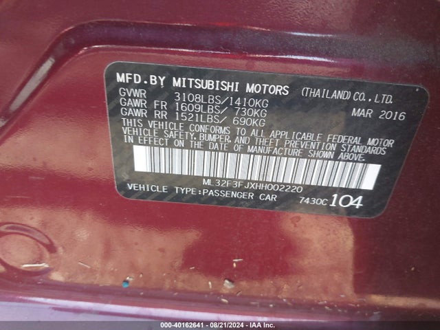 2017 MITSUBISHI MIRAGE G4 ML32F3FJXHH002220 Photo 8