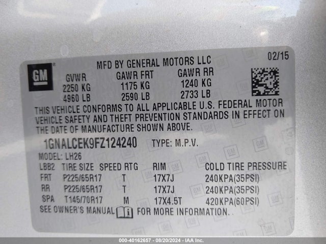 Chevrolet Equinox 2lt 2015 1GNALCEK9FZ124240 Image 9