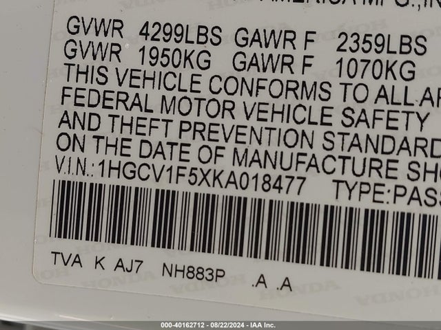 Honda Accord Ex-l 2019 1HGCV1F5XKA018477 Image 9