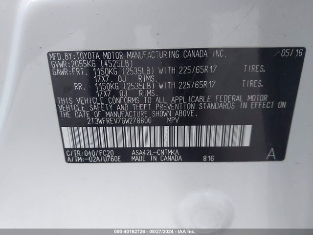 Toyota Rav4 Xle 2016 2T3WFREV7GW278806 Image 9