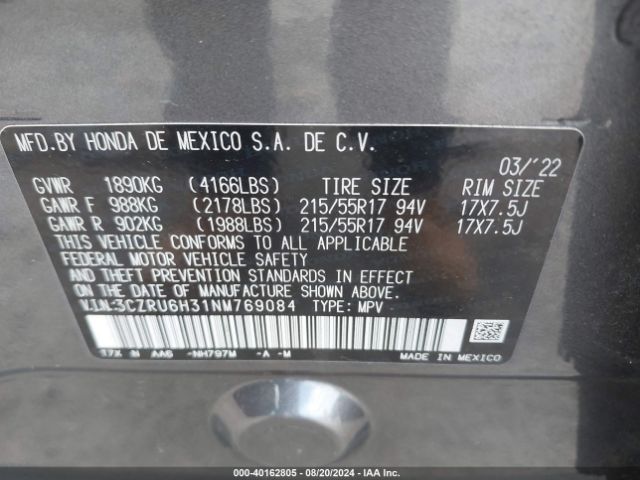 3CZRU6H31NM769084 Honda Hr-v Awd Lx