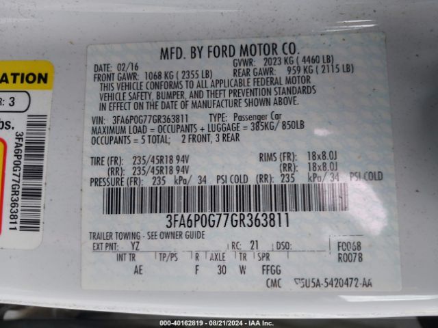 3FA6P0G77GR363811 Ford FUSION S