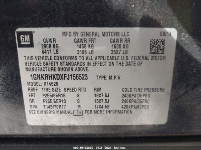1GNKRHKDXFJ156523 Chevrolet Traverse 2lt